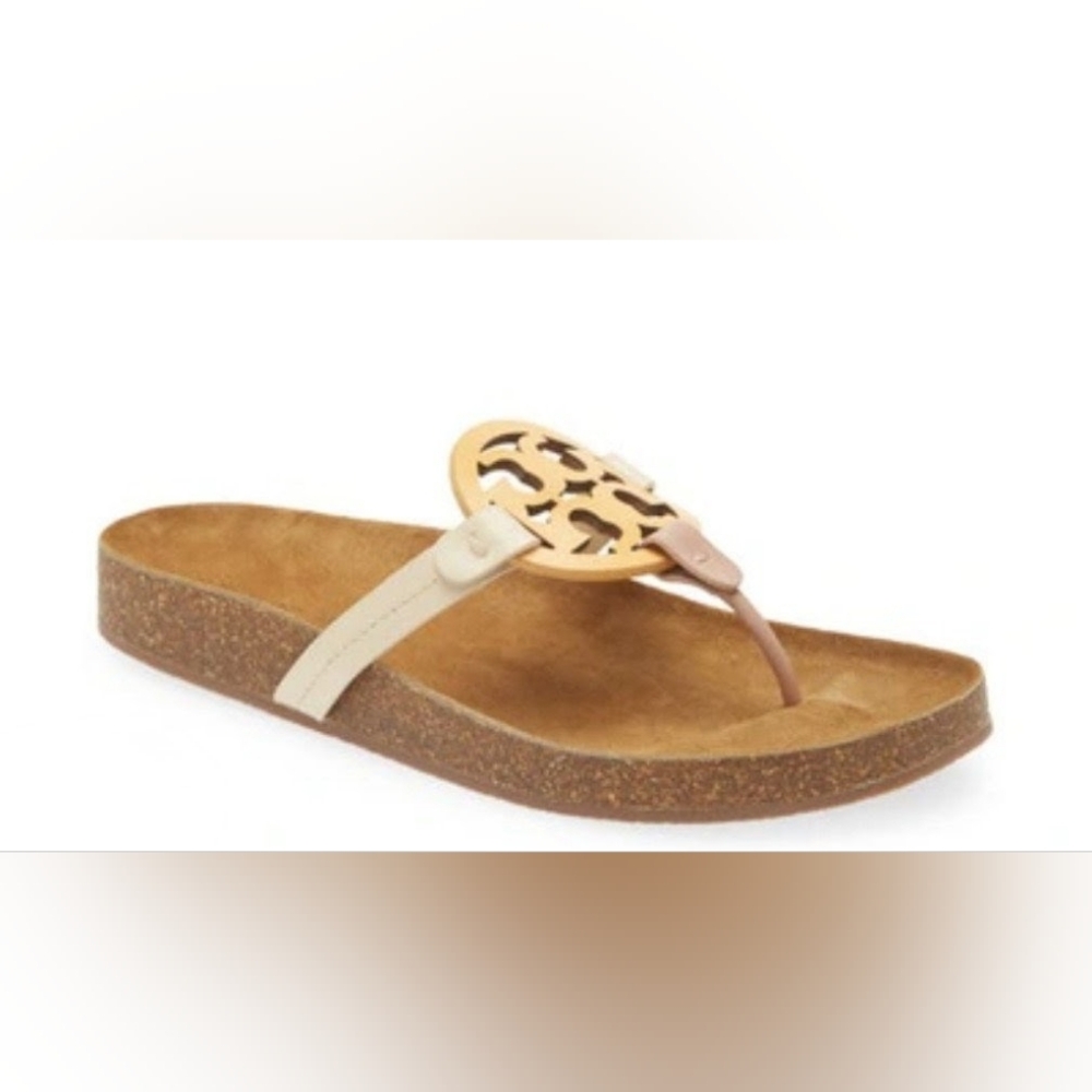 Tory Burch Beige and Tan Leather Thong Sandals with Gold Logo Medallion